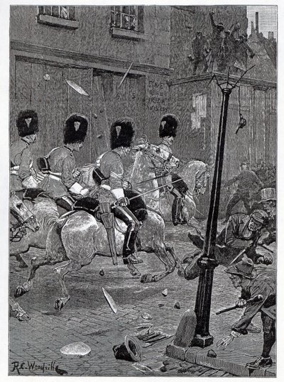 The Irish Land League Agitation: Scots Greys charging the mob at Limerick, illustration from 